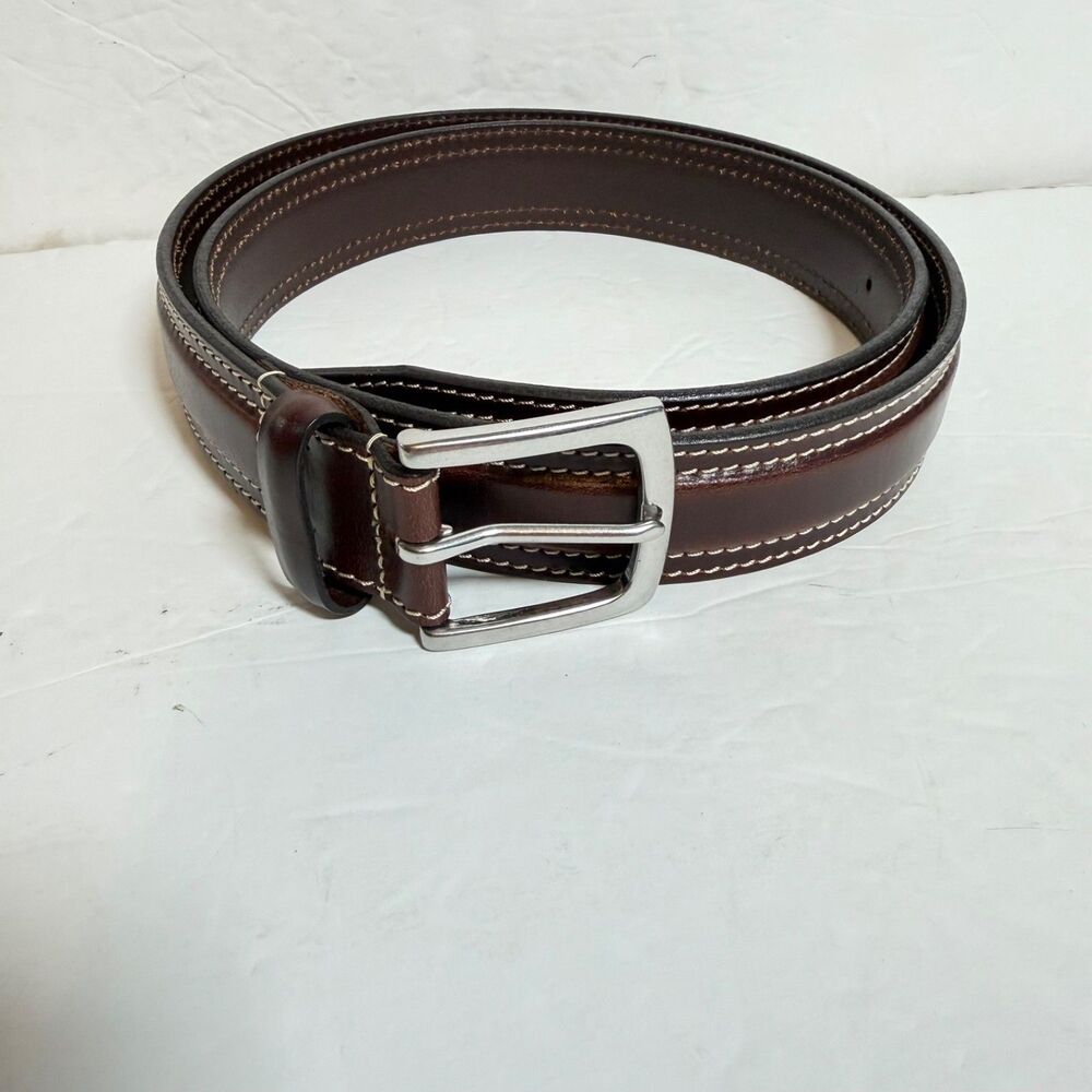 Eddie Bauer Mens Leather Belt Size 40 Brown Contrast Stitch Silver Buckle